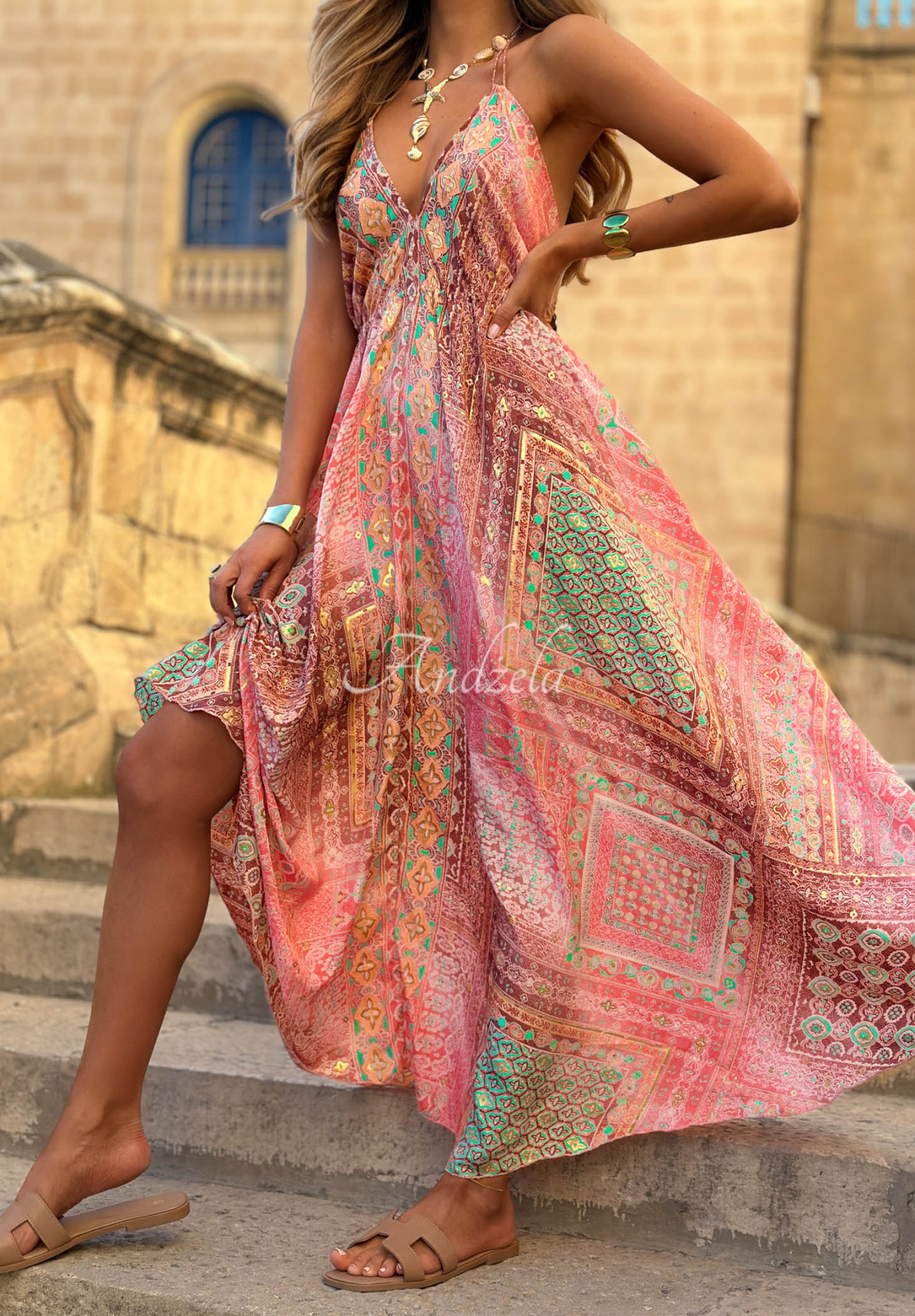 Rochie maxi cu imprimeu și bretele legate Sun Rituals