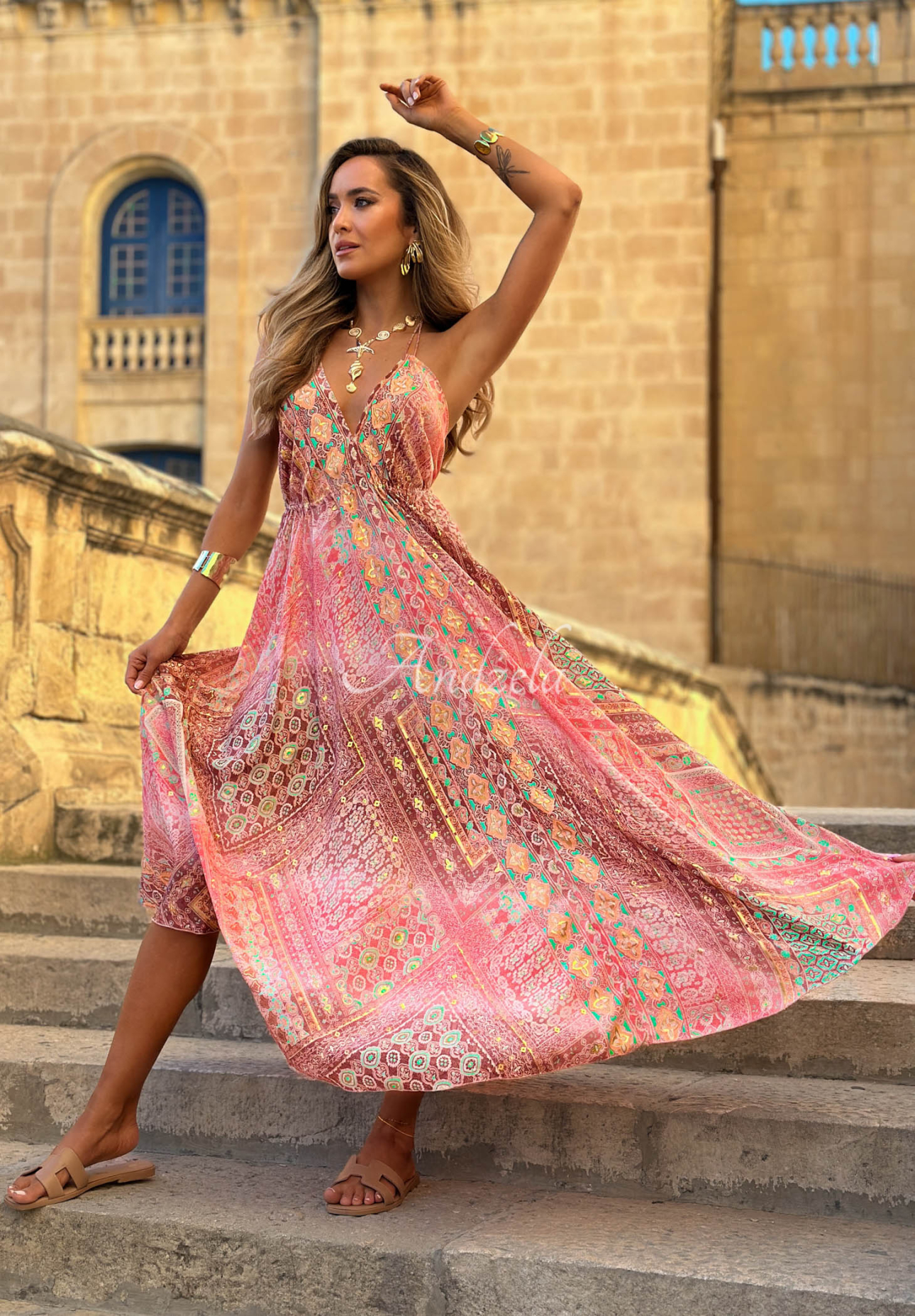 Rochie maxi cu imprimeu și bretele legate Sun Rituals