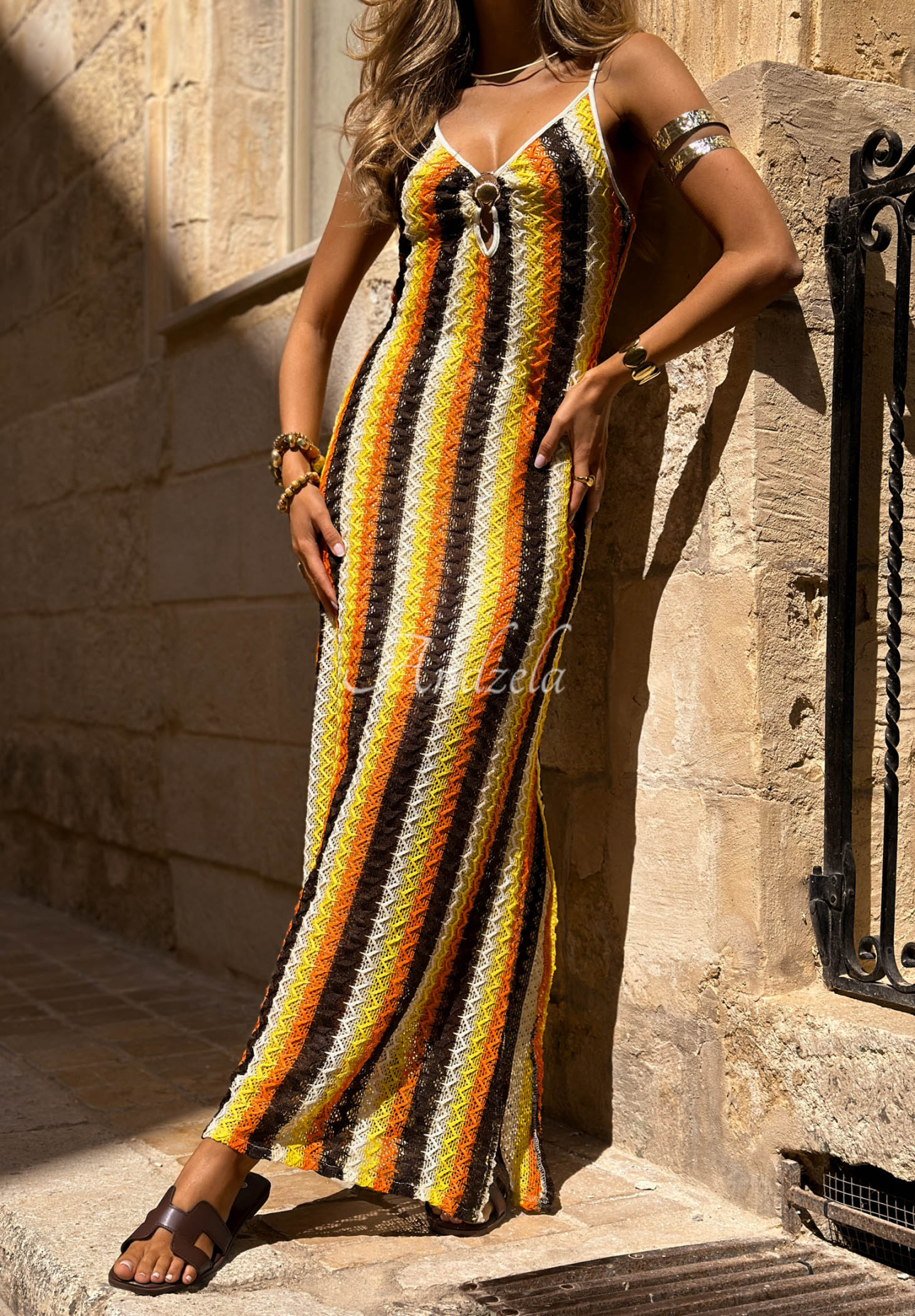 Rochie ajurată cu bretele în dungi colorate Oh Mamma Mia