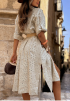 Ażurowa Rochie maxi z kołnierzem i paskiem Dolce Sol bej