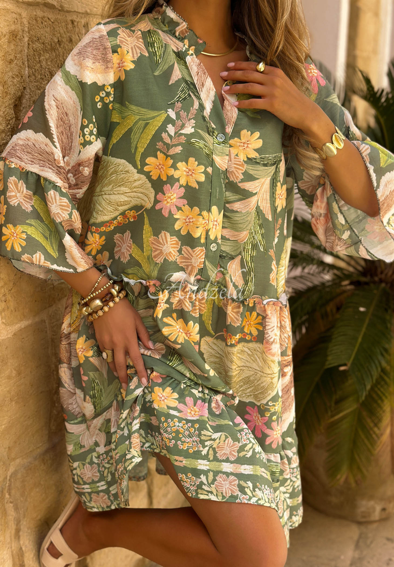 Rochie mini evazată cu imprimeu floral din in și bumbac Island Bloom