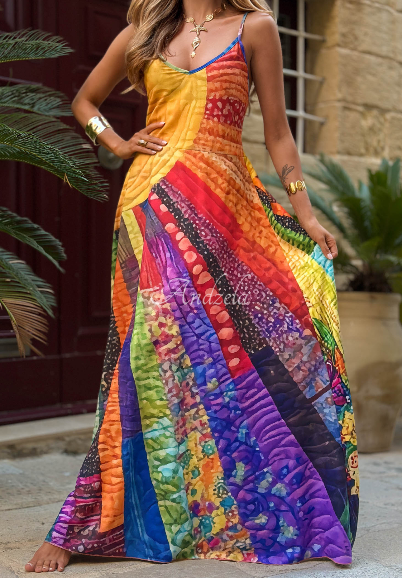 Rochie maxi cu imprimeu cu bretele Summer Sun