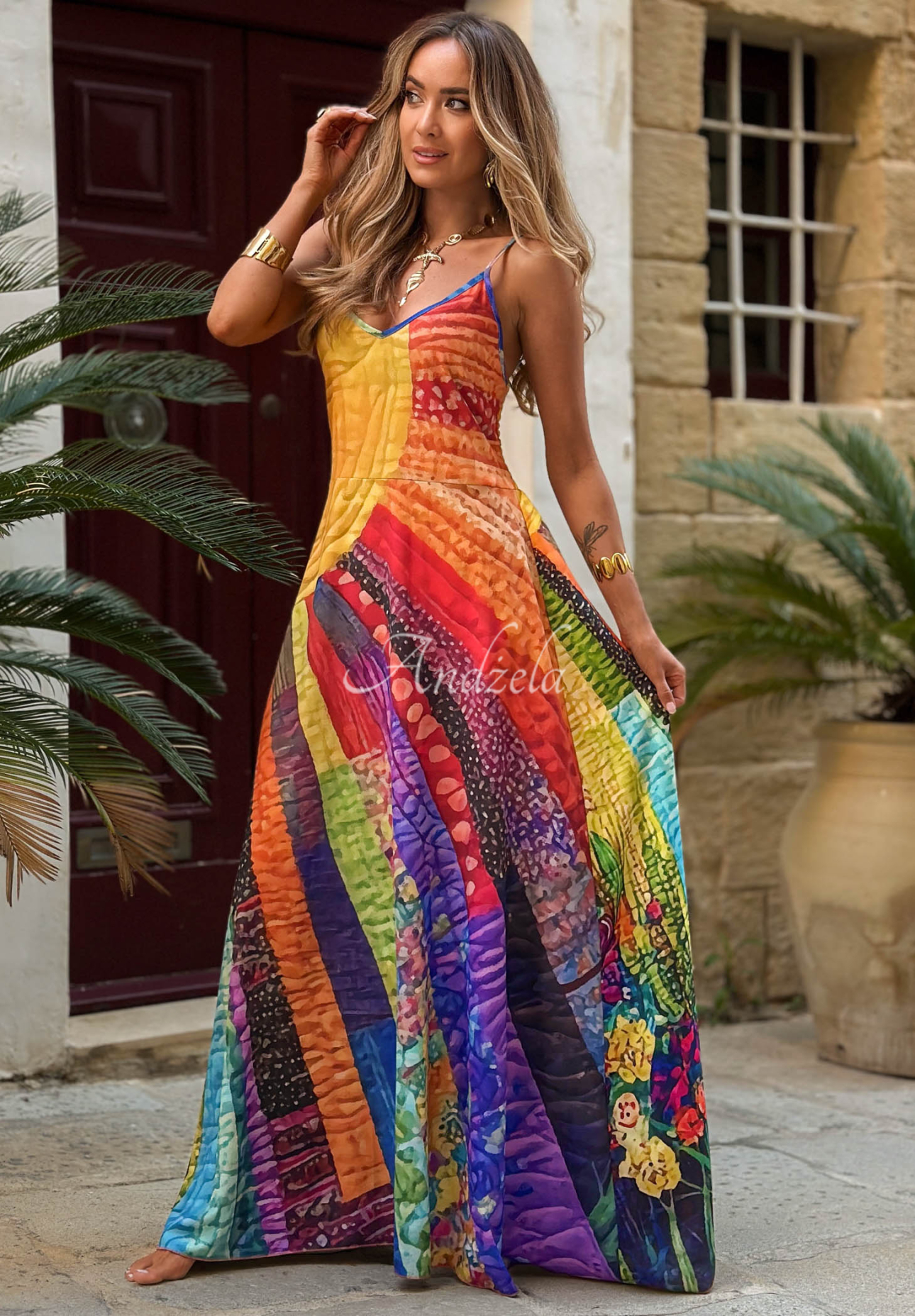 Rochie maxi cu imprimeu cu bretele Summer Sun