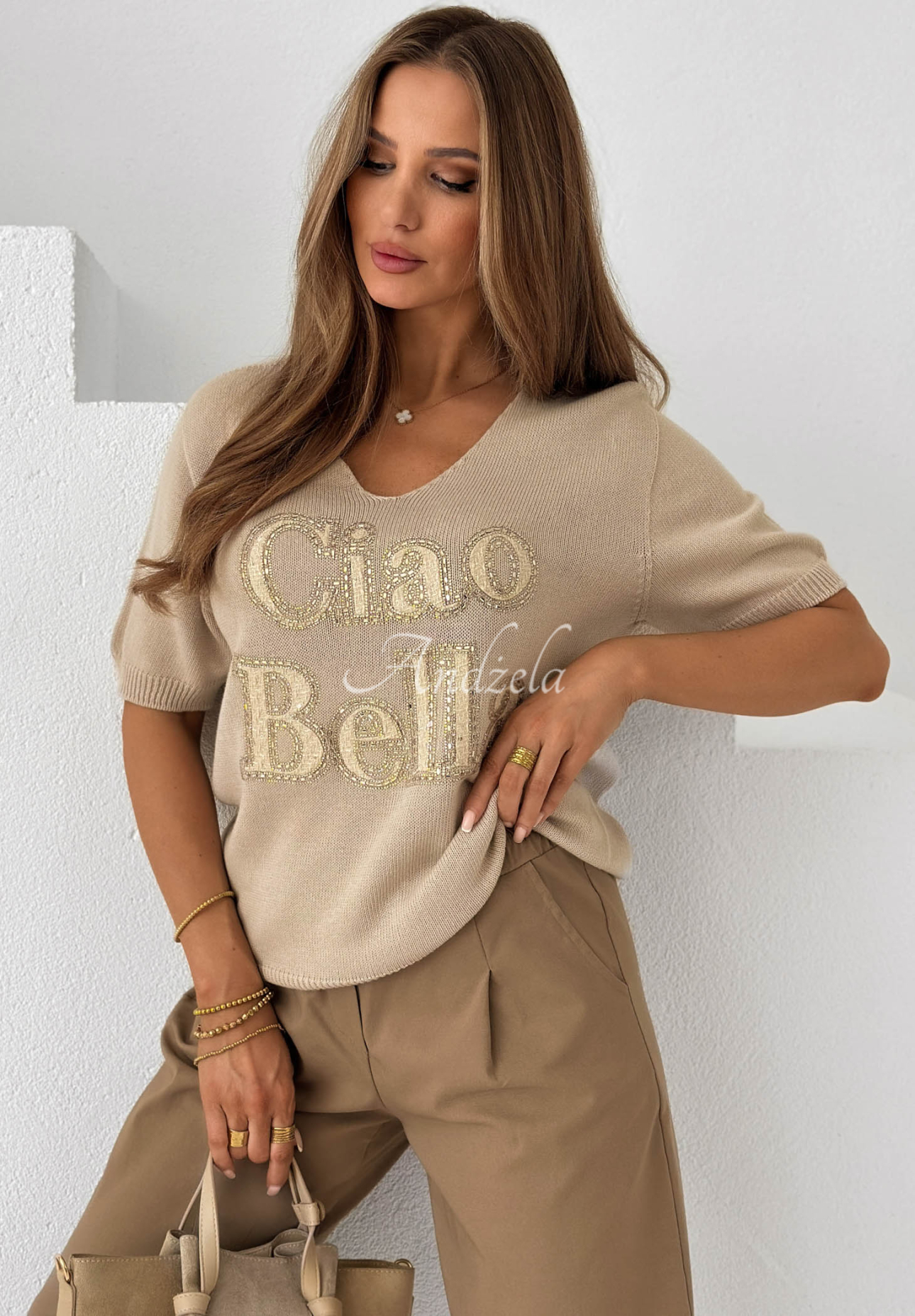Pulover din bumbac cu mânecă scurtă cu imprimeu Ciao Bella