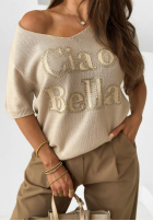 Pulover na krótki mânecă z nadrukiem Ciao Bella ecru