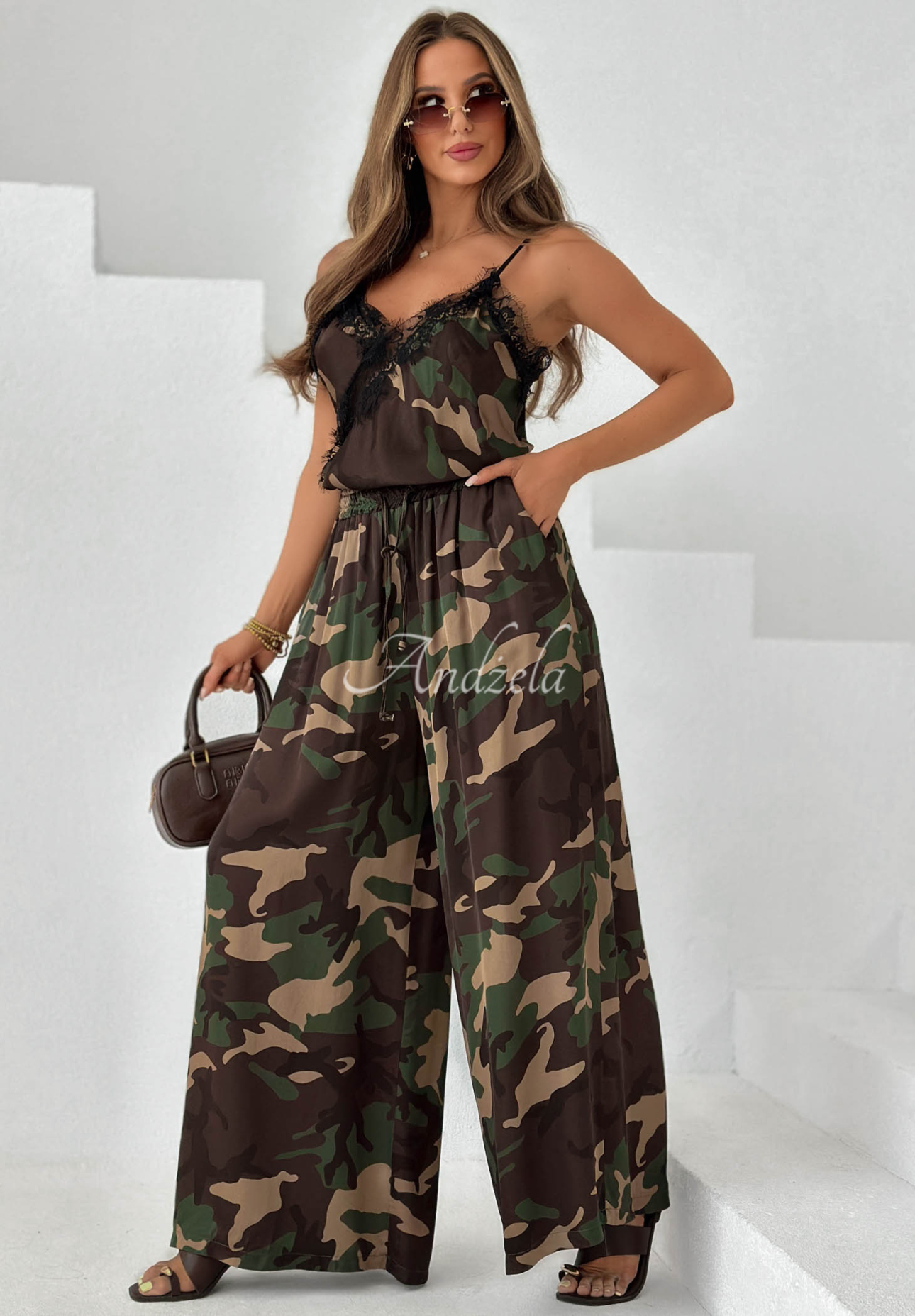 Pantaloni din viscoză wide leg camuflaj Fancy Cover