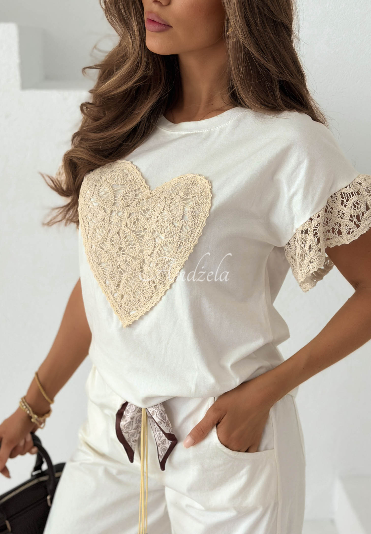 Tricou din bumbac cu dantelă Lacy Heart