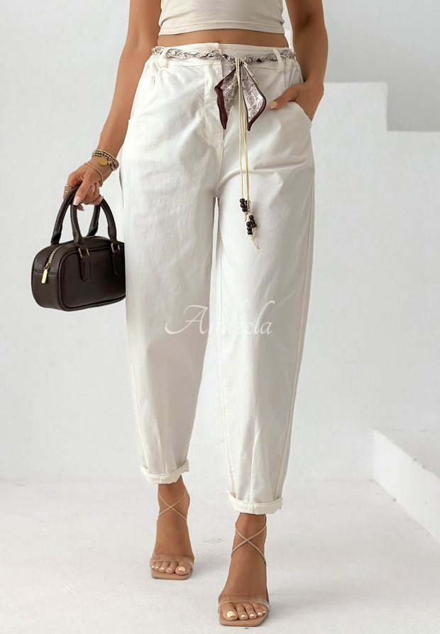 Pantaloni din bumbac mom fit cu curea Simple Days ecru