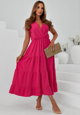 Rochie maxi din viscoză cu bretele și volănașe Sunwave