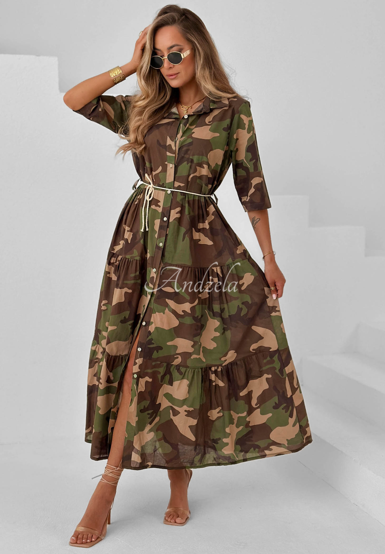 Rochie cămașă maxi cu volănașe din bumbac camuflaj Verde Vibe