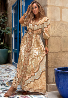 Wzorzysta Rochie maxi z paskiem Timeless Summer beżowo-albastru azuriu