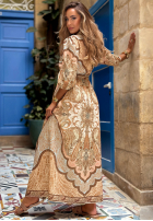 Wzorzysta Rochie maxi z paskiem Timeless Summer beżowo-albastru azuriu