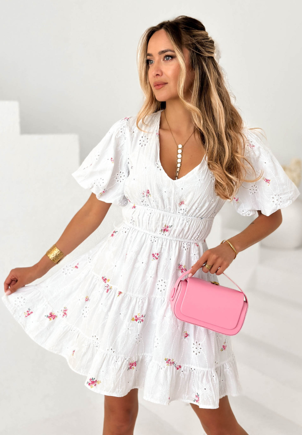 Rochie mini ajurată cu m&acirc;neci bufante cu imprimeu floral din bumbac Miss Floria