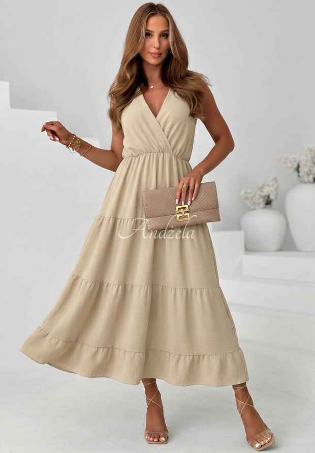 Rochie maxi din viscoză cu bretele și volănașe Sunwave