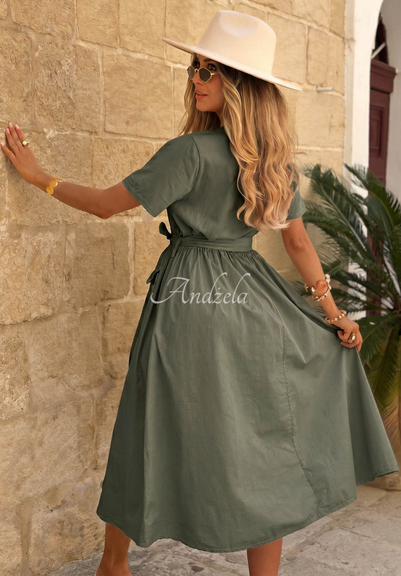 Rochie din bumbac cu mâneci scurte și curea Suncharm
