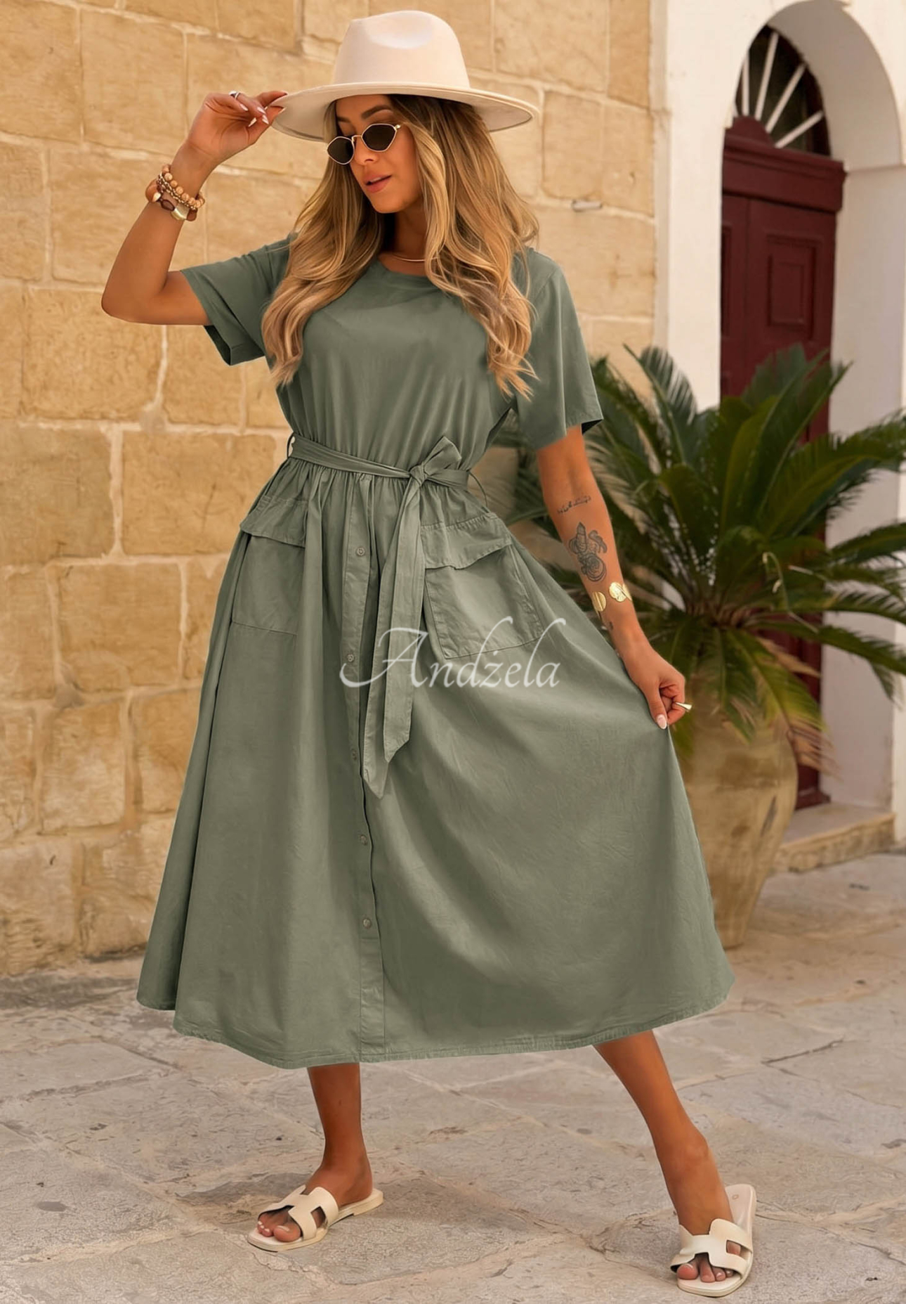 Rochie din bumbac cu mâneci scurte și curea Suncharm