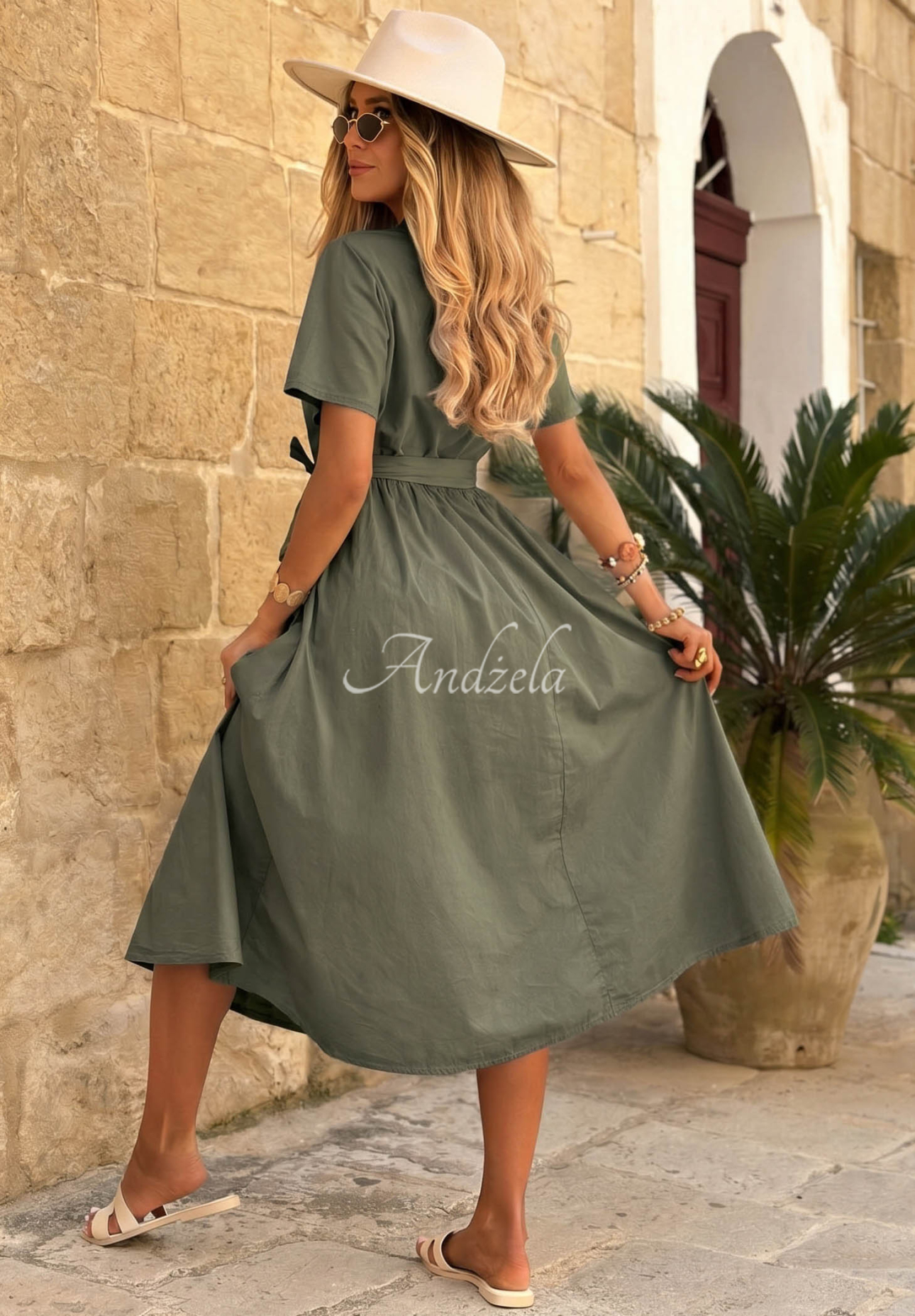 Rochie din bumbac cu mâneci scurte și curea Suncharm