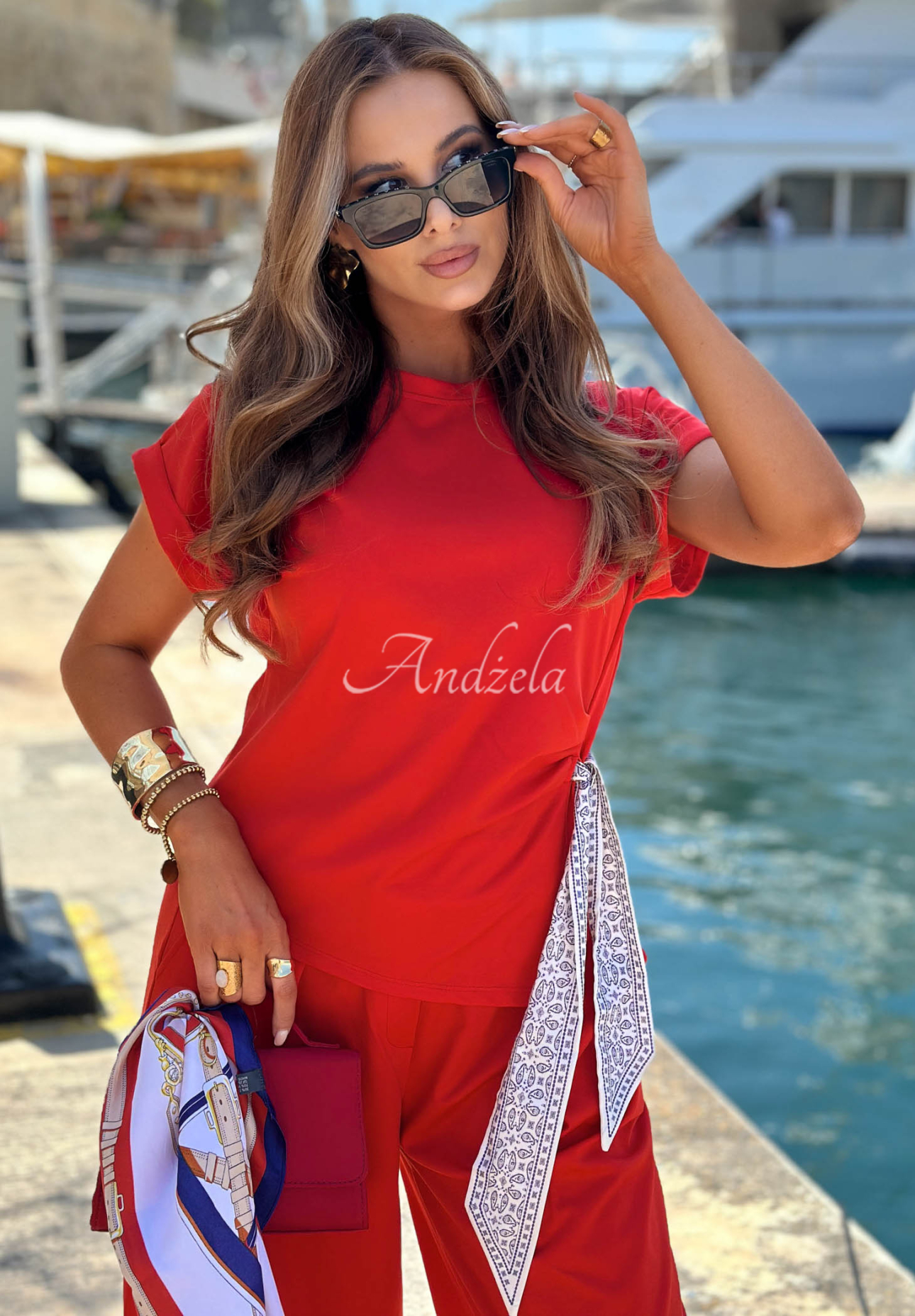 Set bluză cu eșarfă legată și pantaloni din lyocell Sunny Dreams