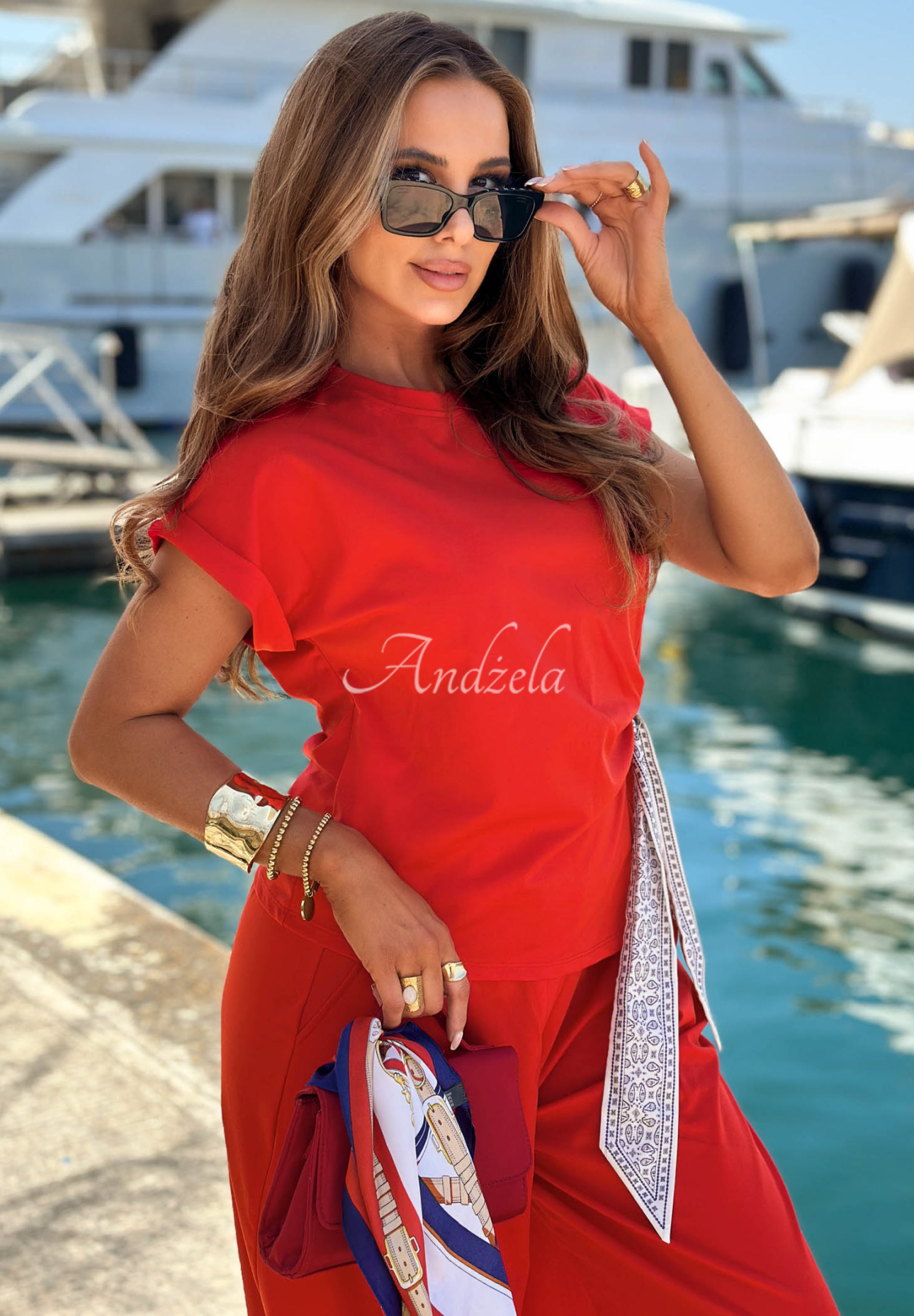 Set bluză cu eșarfă legată și pantaloni din lyocell Sunny Dreams