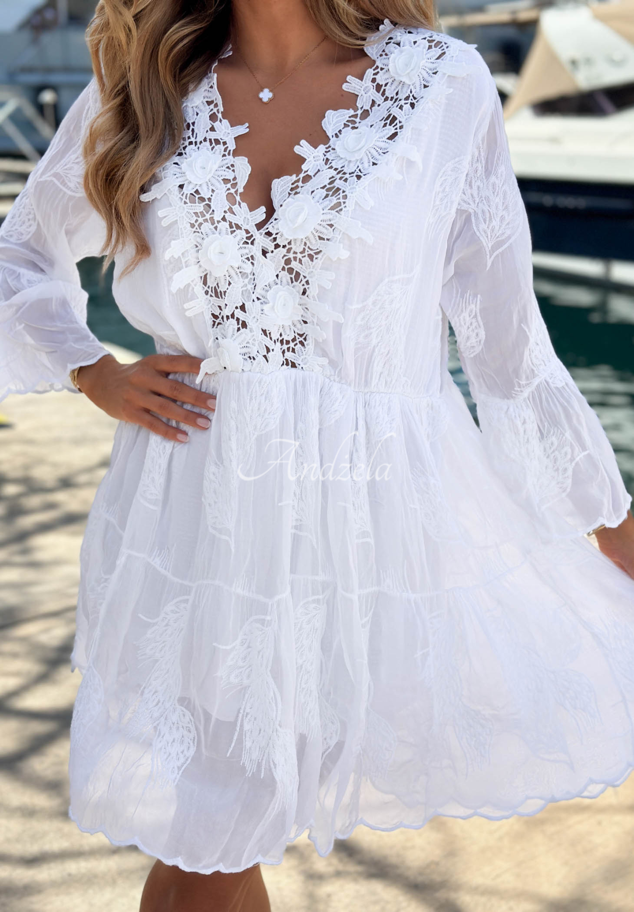 Rochie brodată din viscoză cu dantelă boho Summer Lady