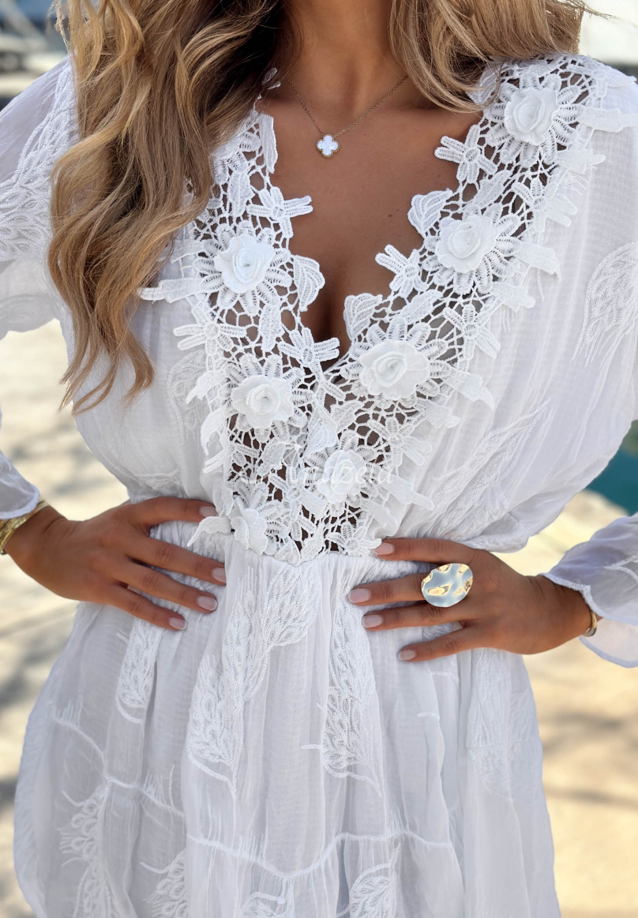 Rochie brodată din viscoză cu dantelă boho Summer Lady