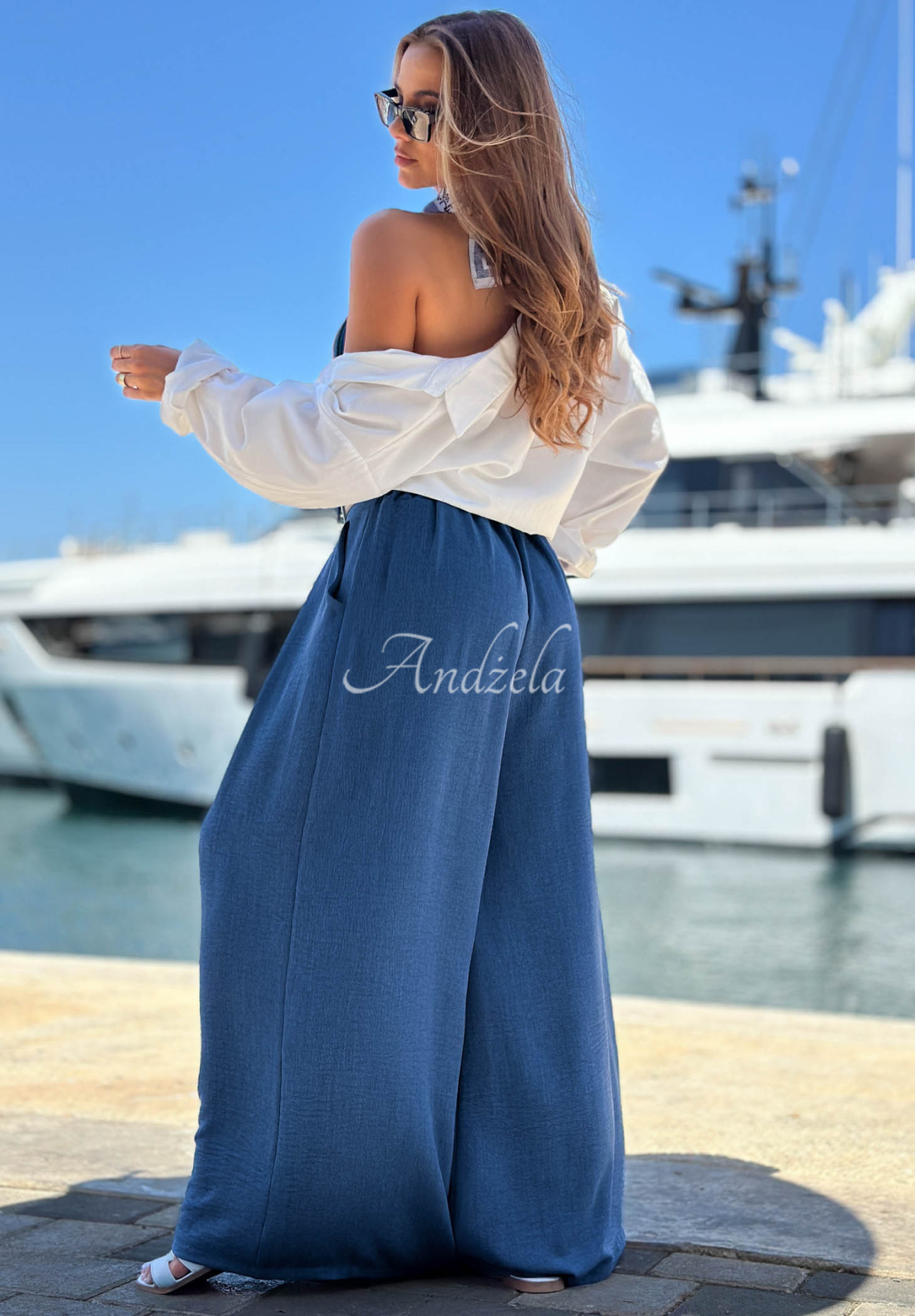 Pantaloni din material tip wide leg cu curea Summer Aura
