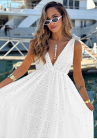 Ażurowa Rochie maxi na ramiączkach boho Sun Essence albă