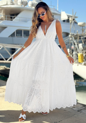 Rochie maxi din bumbac ajurată cu bretele boho Sun Essence