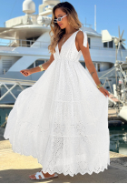 Ażurowa Rochie maxi na ramiączkach boho Sun Essence albă