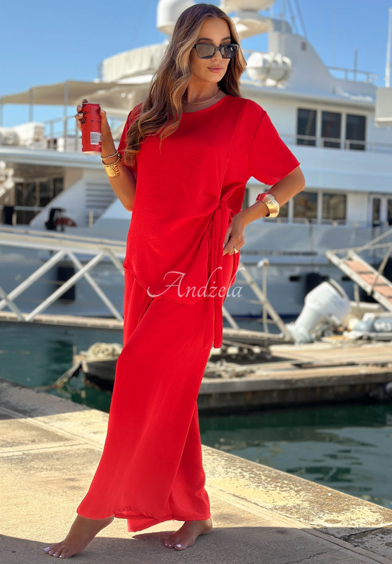 Set din viscoză bluză cu legare și pantaloni wide leg Elite Holiday