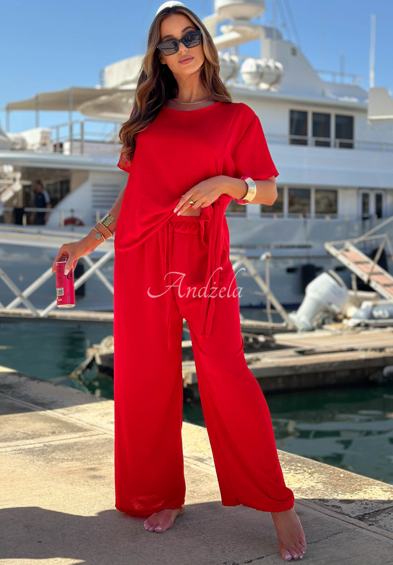 Set din viscoză bluză cu legare și pantaloni wide leg Elite Holiday
