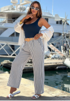 din material textil Pantaloni wide leg w paski El Marino biało-albastre