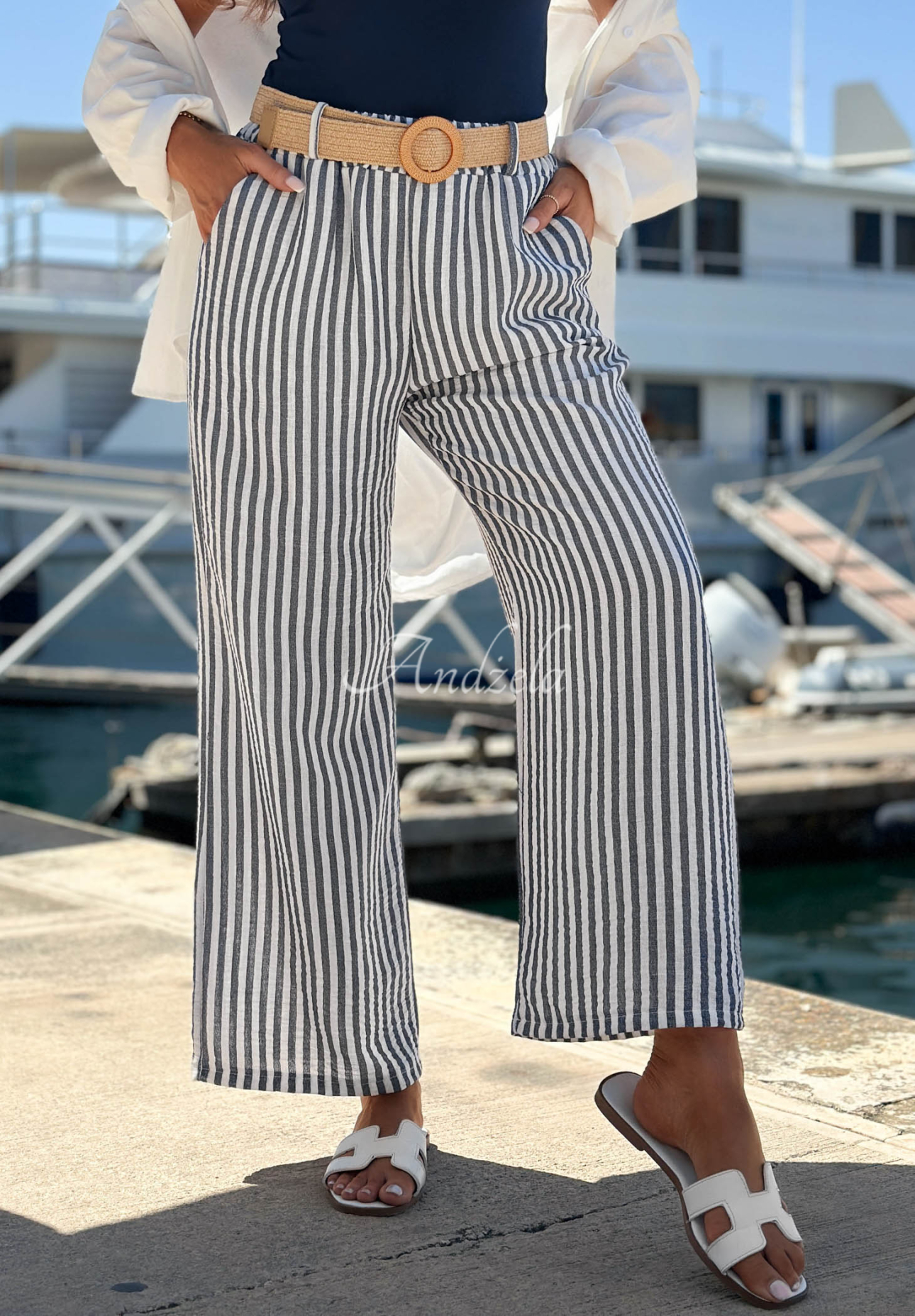 Pantaloni din viscoză wide leg în dungi El Marino