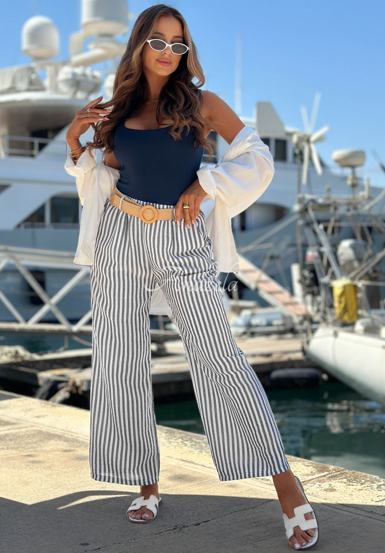 Pantaloni din viscoză wide leg în dungi El Marino