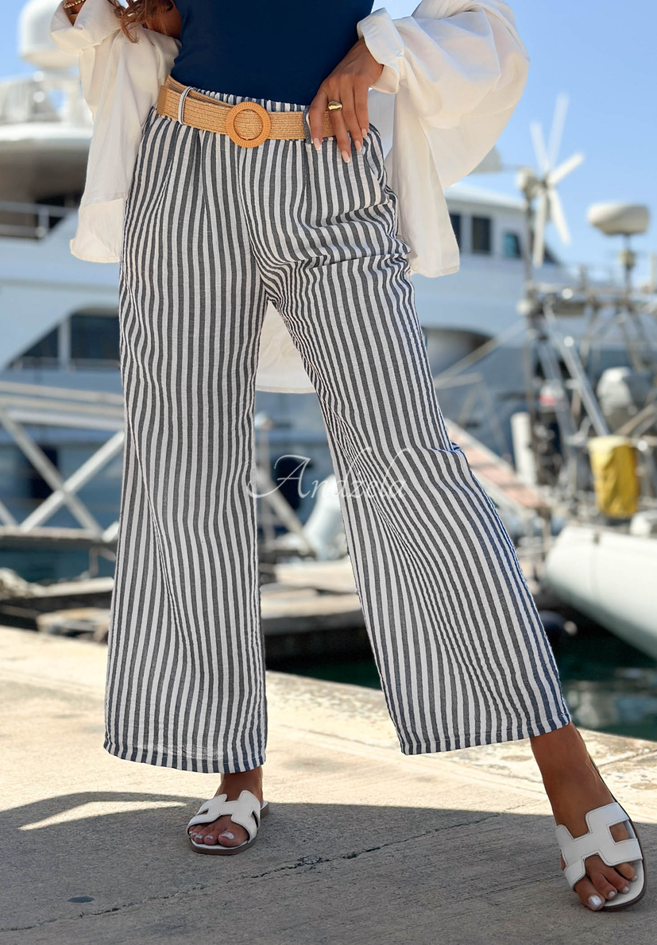 Pantaloni din viscoză wide leg în dungi El Marino
