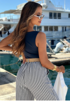 din material textil Pantaloni wide leg w paski El Marino biało-albastre