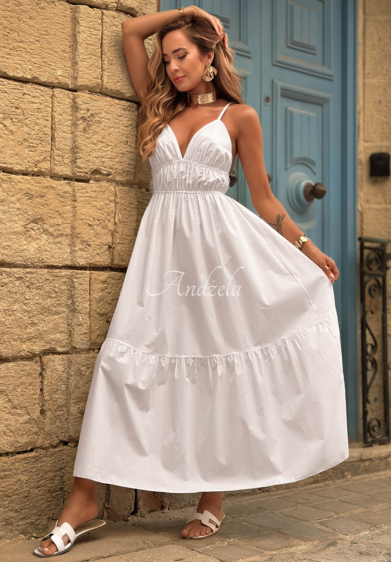 Rochie maxi din bumbac cu bretele Sunset Lagoon