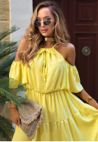 Rochie maxi z falbankami i odkrytymi ramionami Soleil Days măslinii