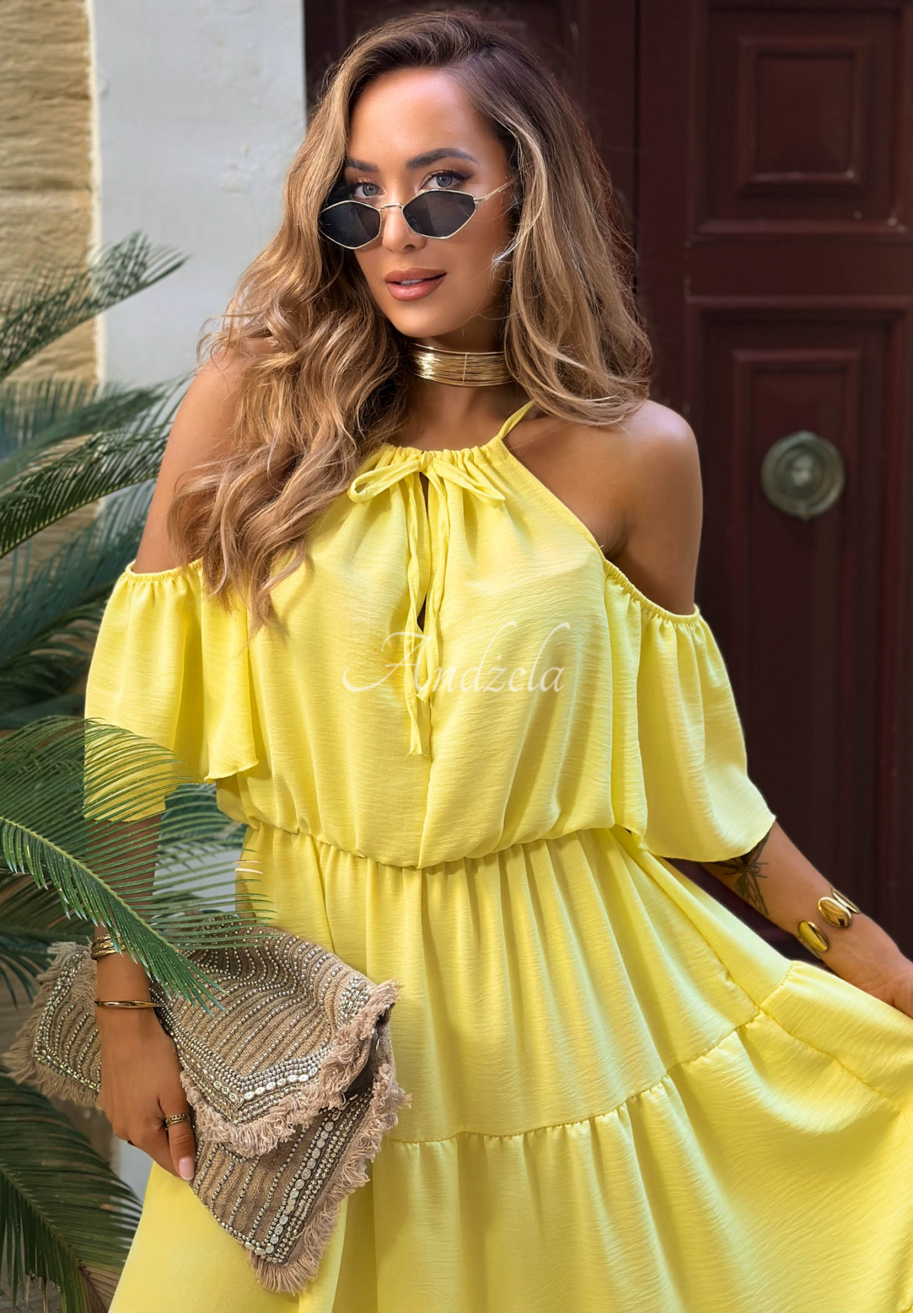 Rochie midi din viscoză cu volănașe și umeri goi Soleil Days