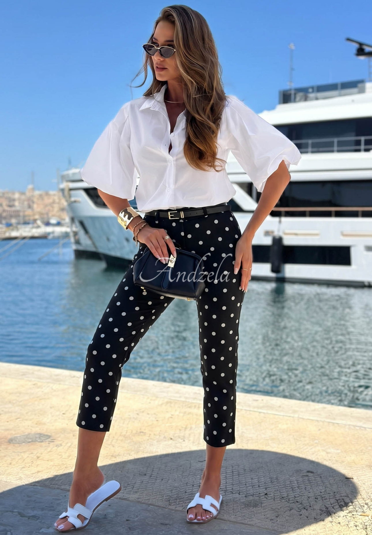 Pantaloni țigaretă din bumbac cu buline Sunny Bari