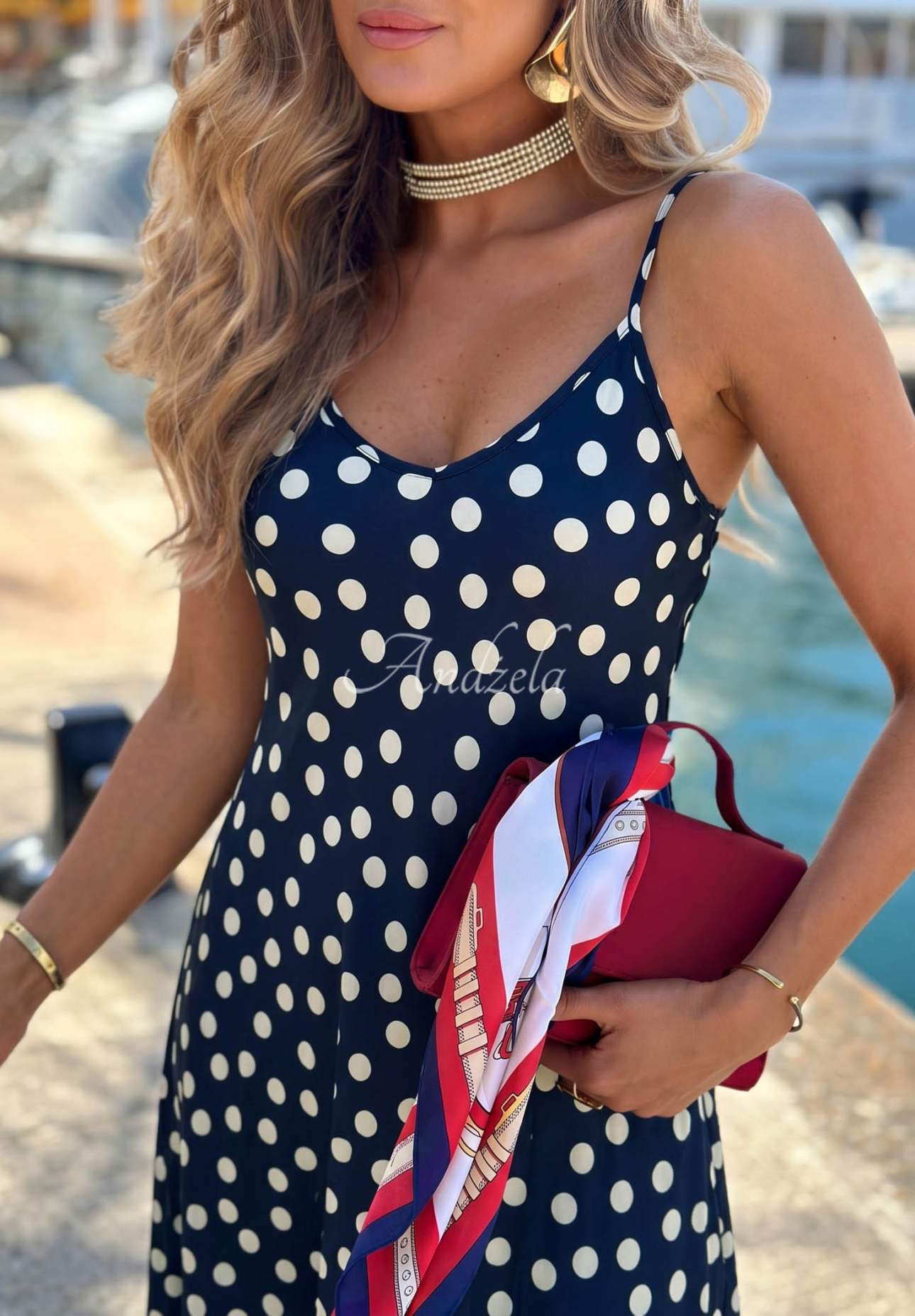 Rochie midi satinată cu bretele cu buline Punta Cana
