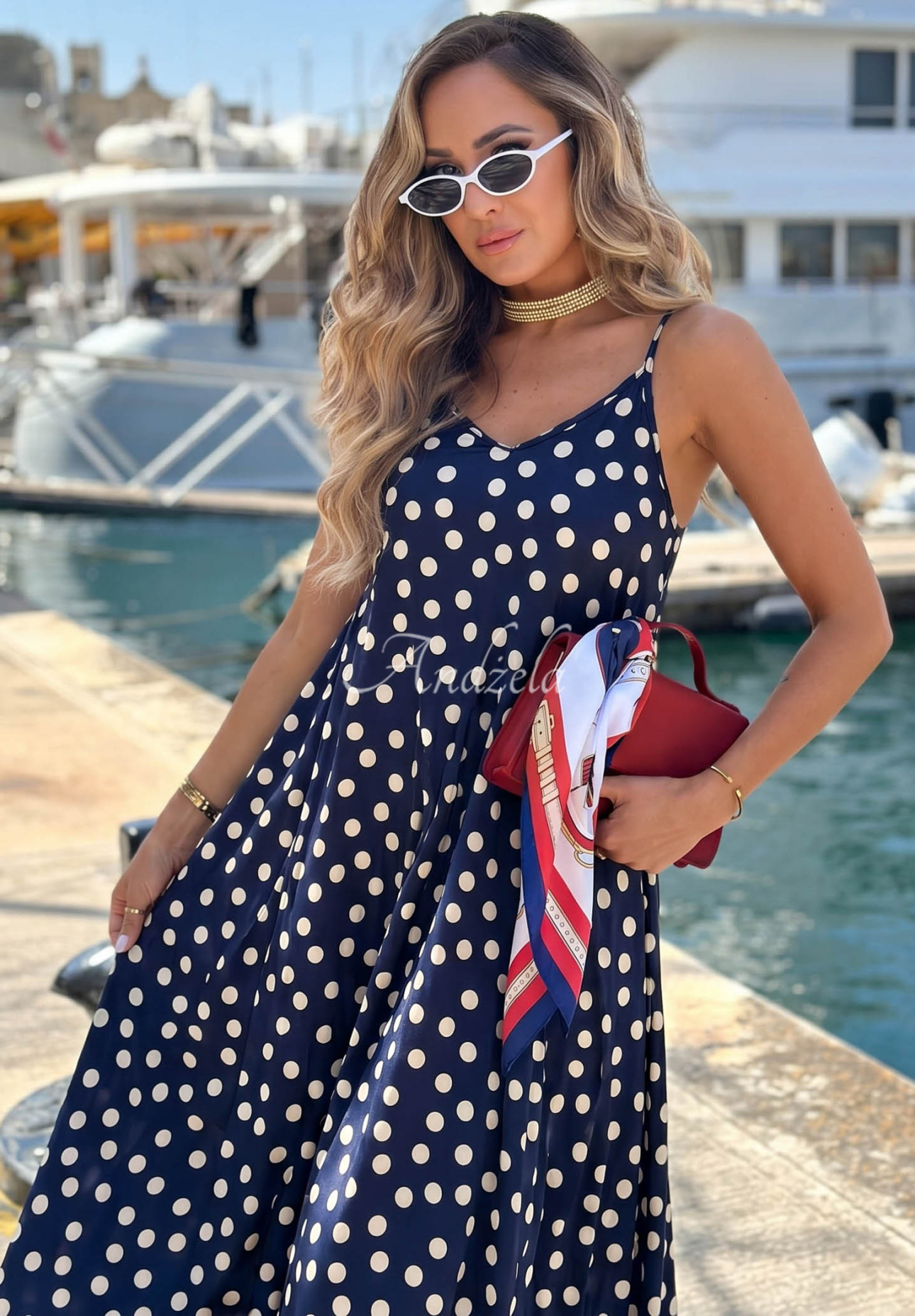 Rochie midi satinată cu bretele cu buline Punta Cana