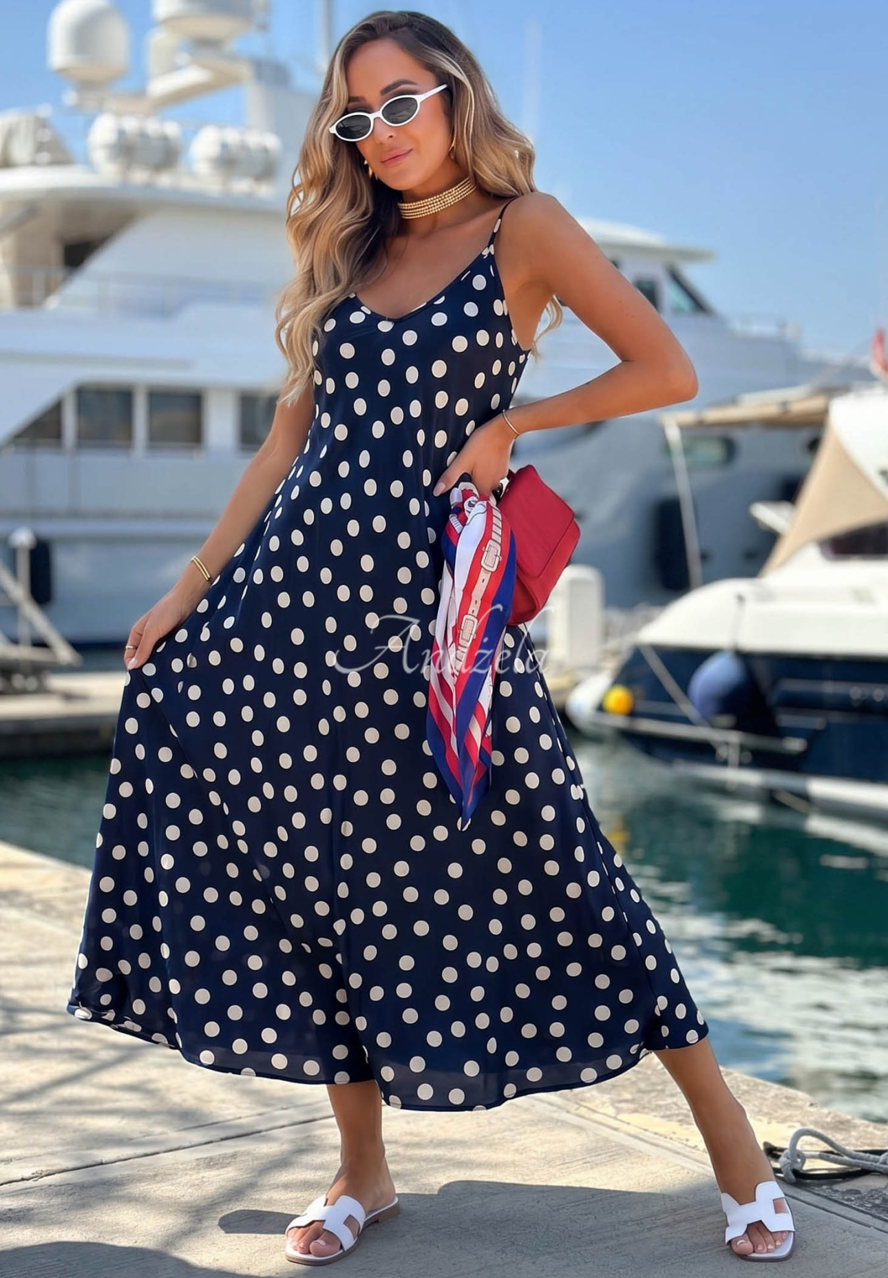 Rochie midi satinată cu bretele cu buline Punta Cana