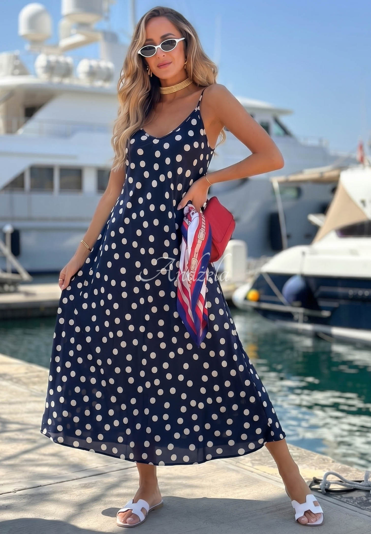 Rochie midi satinată cu bretele cu buline Punta Cana