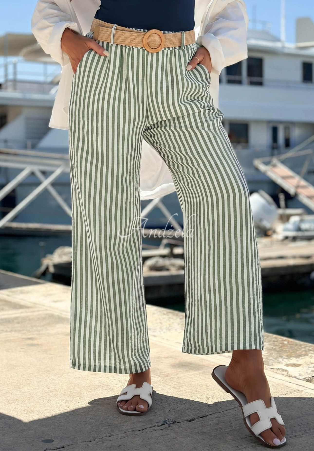 Pantaloni din viscoză wide leg în dungi El Marino