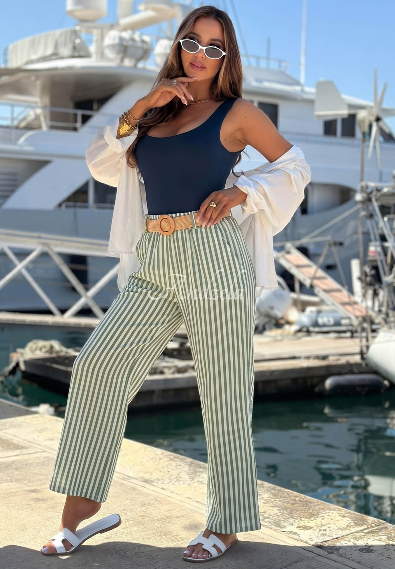 Pantaloni din viscoză wide leg în dungi El Marino