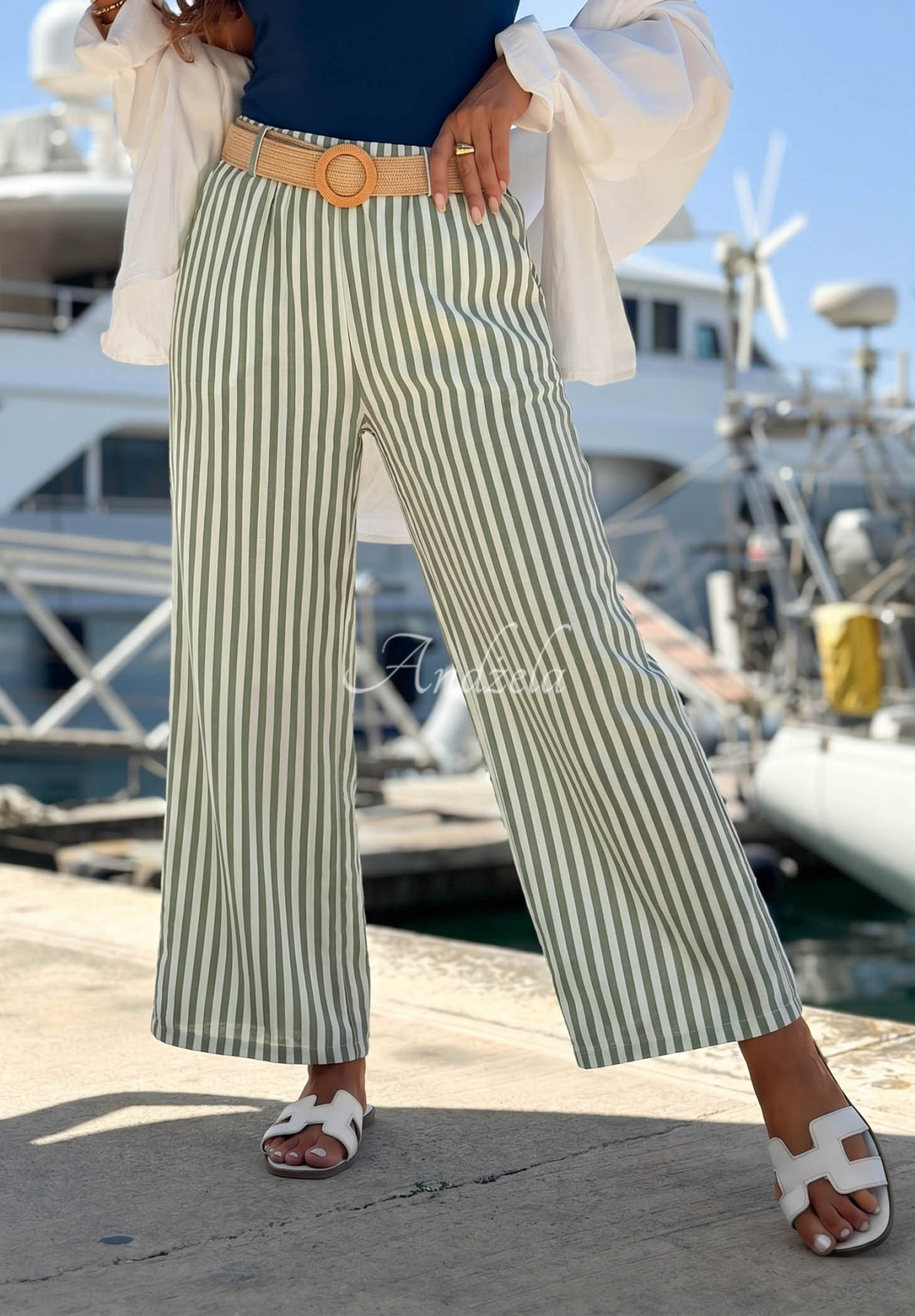 Pantaloni din viscoză wide leg în dungi El Marino