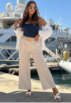 din material textil Pantaloni wide leg w paski El Marino biało-albastre