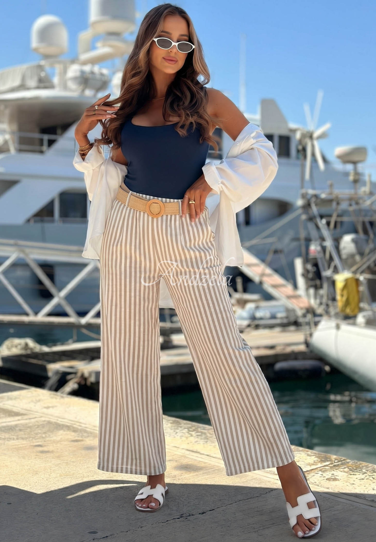 Pantaloni din viscoză wide leg în dungi El Marino
