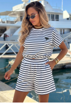 Bawełniany Compleu Bluză i Șorturi w paski Sunny Stripes Set biało-bluemarin